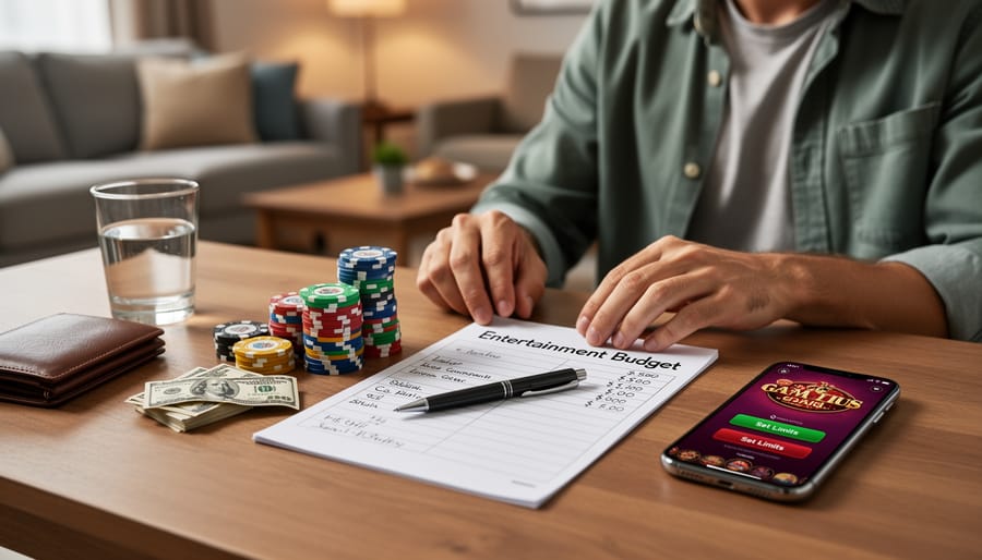 Hands placing cash into an envelope next to a smartphone and a blank notebook on a desk