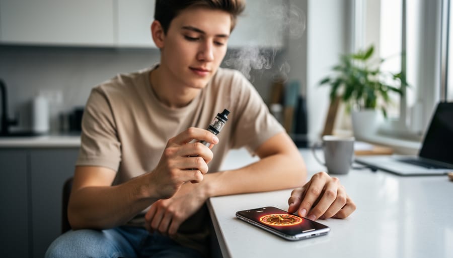 Adult holding a vape device and smartphone while sitting at a cafe with blurred neon lights in the background